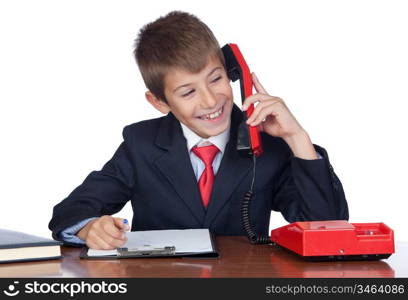 Little businessman talking on the phone isolated on a over white background