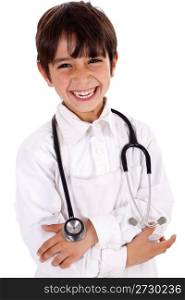 Little cacasian boy wearing doctor coat with a stethoscope around shoulders standing on white background