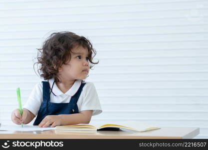 Little Caucasian cute kid girl writing or drawing on book in living room at home. White background