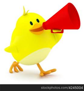 Little chick with a red megaphone - 3d render