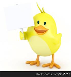 Little chick with empty board - 3D render