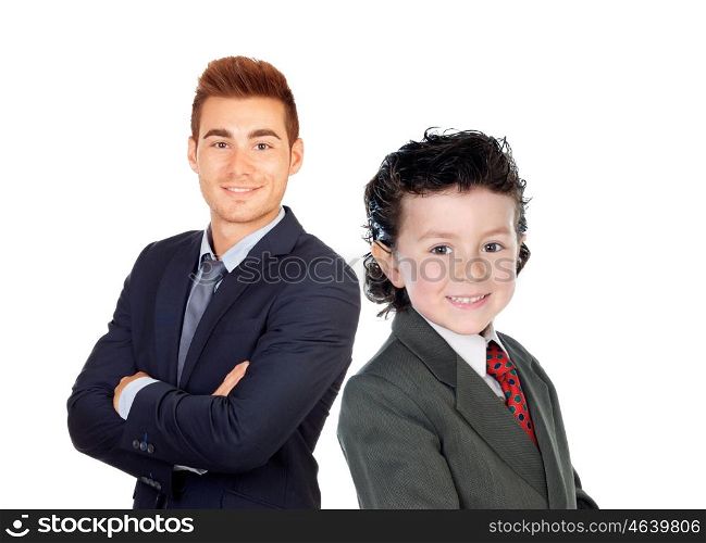 Little child an young businesman isolated on a white background