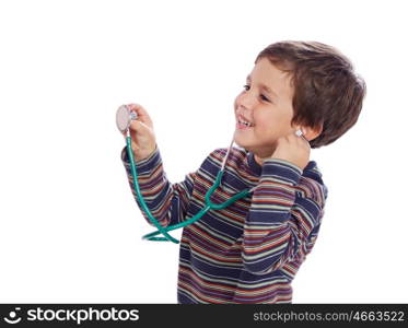Little child wiht a stethoscope isolated on a white background