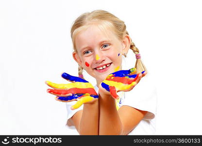 little child with hands painted in colorful paints ready for hand prints