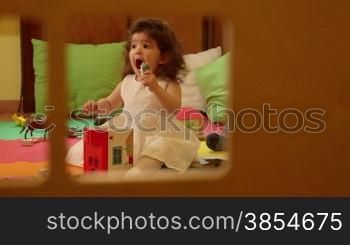 Little children, baby, playing in kindergarten, school. Happy little girl and boy playing with toys in preschool. Recreational activity and education. 9of15