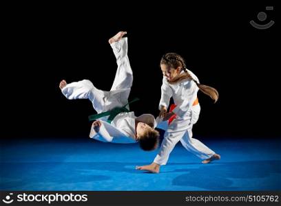 Little children martial arts fighters isolated