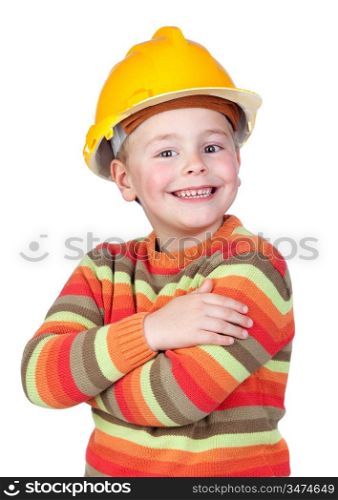Little construction worker isolated on white background