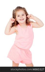 Little cool girl covering her ears with the fingers isolated on a white background