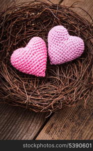 Little cozy nest with two crochet hearts. Valentine&rsquo;s day decorations