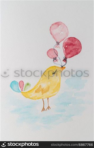 Little cute bird with balloons. Watercolor hand painted illustration for greeting card, sticker, poster, banner. Isolated on white background.