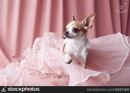 Little cute dog chihuahua in pink room with laces. Generated AI. Little cute dog chihuahua in pink room with laces. Generated AI.