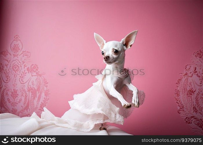 Little cute dog chihuahua in pink room with laces. Generated AI