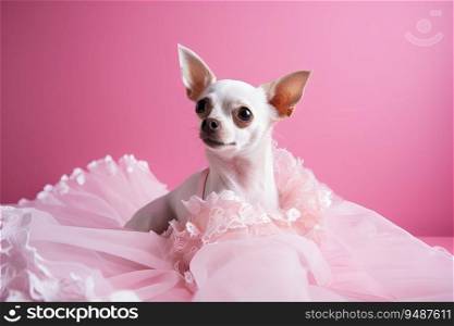 Little cute dog chihuahua in pink room with laces. Generated AI