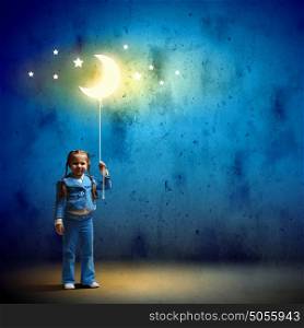 Little cute girl. Image of little cute girl with moon on rope