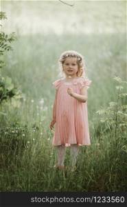 little cute girl in a pink dress and a wreath of flowers on her head walks in the forest in the summer.. little cute girl in a pink dress and a wreath of flowers on her head walks in the forest in the summer