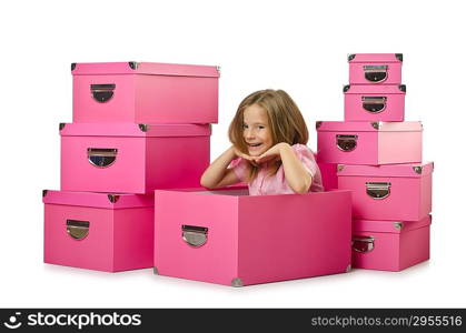 Little cute girl with lots of boxes