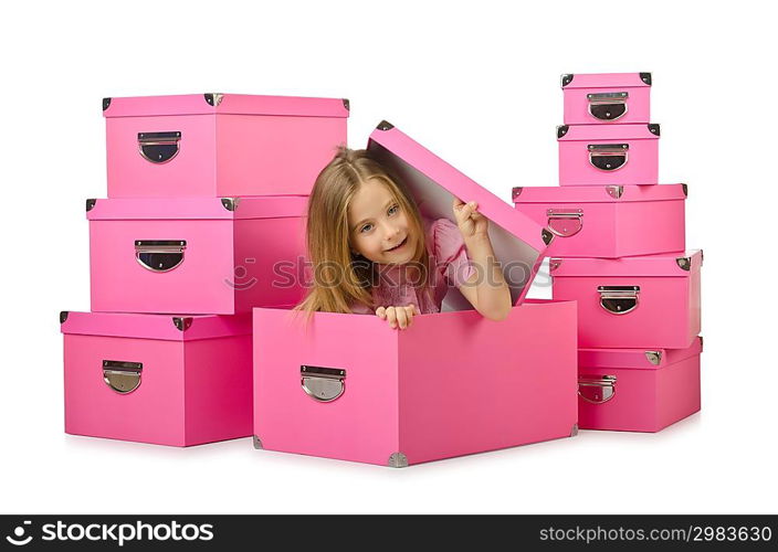 Little cute girl with lots of boxes