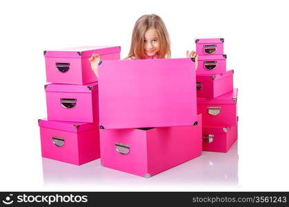 Little cute girl with lots of boxes