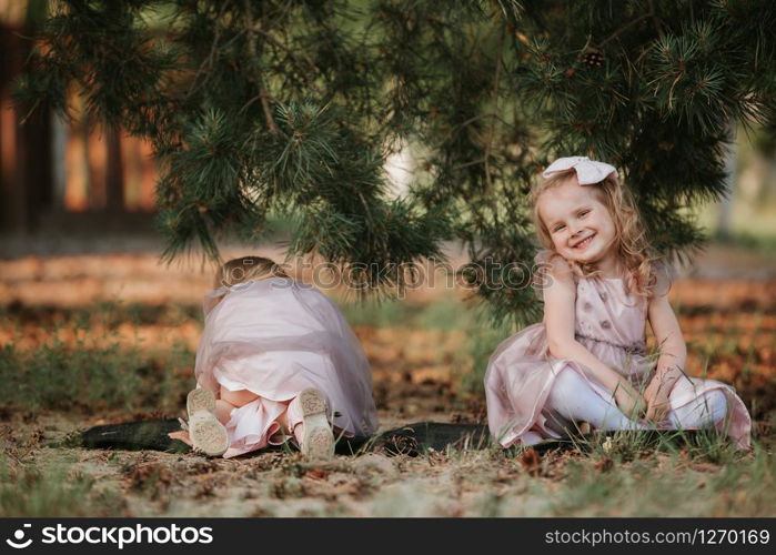 little cute girls have fun under the tree on a sunny spring day. children collect cones.. little cute girls have fun under the tree on a sunny spring day. children collect cones