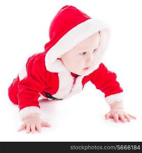 Little cute Santa boy is crawling on white