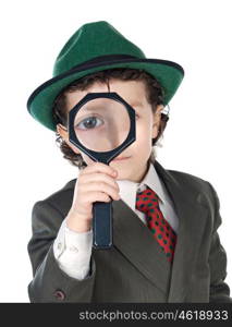 Little detective with magnifying glass to search for the mystery