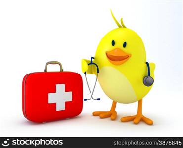 Little doctor chick with first aid kit and stethoscope on white - 3D render