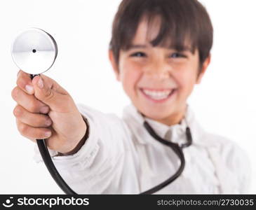 Little doctor showing his Stethoscope on white background