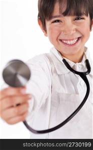 Little doctor showing his Stethoscope on white background