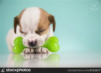 Little dog sleeps with a rubber bone