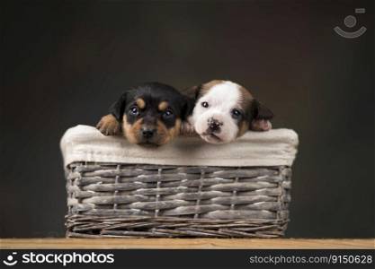 Little dogs in a wicker basket