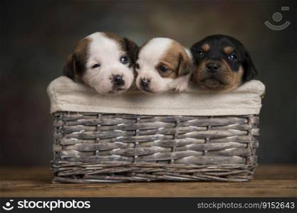 Little dogs in a wicker basket