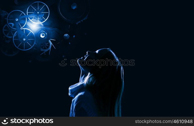 Little dreamer. Cute girl of school age against night background