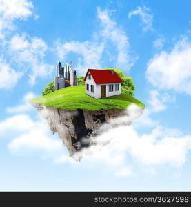 Little fine island / planet. A piece of land in the air. Lawn with house and tree. Pathway in the grass. Detailed ground in the base. Concept of success and happiness, idyllic ecological lifestyle