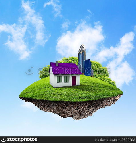 Little fine island / planet. A piece of land in the air. Lawn with house and tree. Pathway in the grass. Detailed ground in the base. Concept of success and happiness, idyllic ecological lifestyle