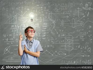 Little genius. Boy of school age in glasses. Idea concept