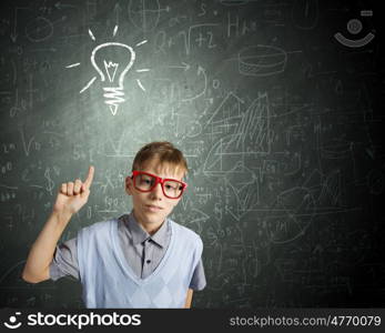 Little genius. Boy of school age in glasses. Idea concept