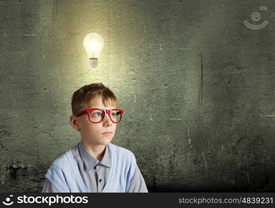 Little genius. Boy of school age in glasses. Idea concept