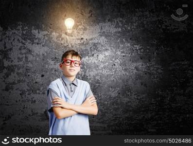 Little genius. Boy of school age in glasses. Idea concept