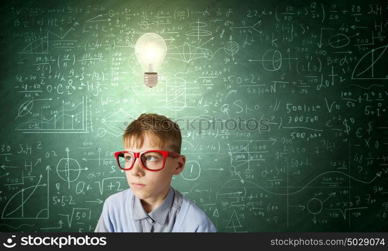 Little genius. Boy of school age in glasses. Idea concept