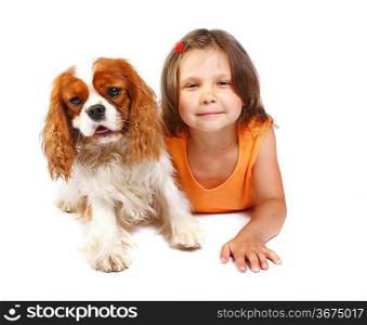 little girl 5 years old and the dog isolated on a white background