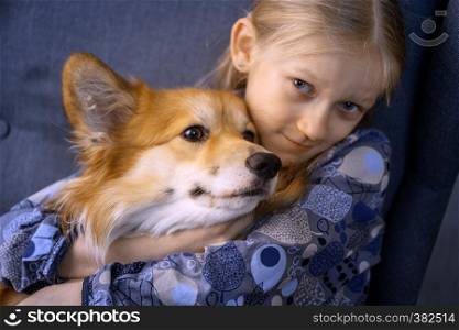 little girl and cute corgi fluffy