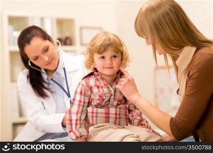 Little girl being examine with stethoscope by pediatrician mother assistance