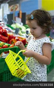 Little girl buying tomatoes in supermarket. Child hold small basket in supermarket and select vegetables. Concept for healthy eating for children.