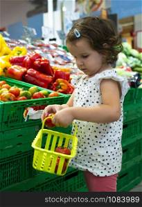 Little girl buying tomatoes in supermarket. Child hold small basket in supermarket and select vegetables. Concept for healthy eating for children.