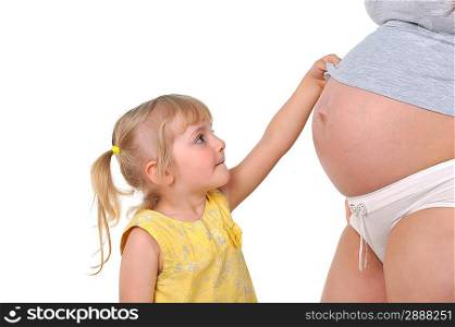 little girl communicates with baby in the womb of her mother