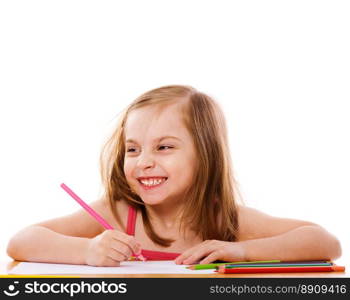 Little Girl drawing picture at table isolated on white