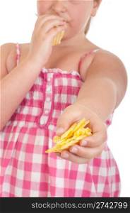 little girl eating chips and offering some too (isolated on white background)