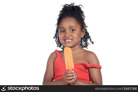Little girl eating ice cream orange a over white background