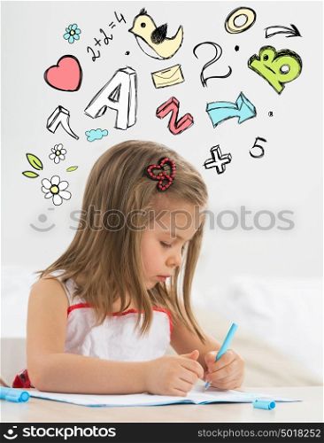 Little girl educating at home with symbols drawn over her head