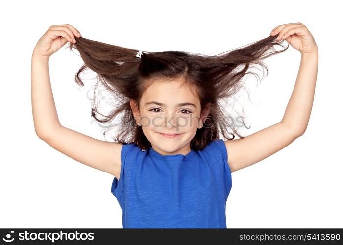 Little girl grabbing her hair isolated on a over white background